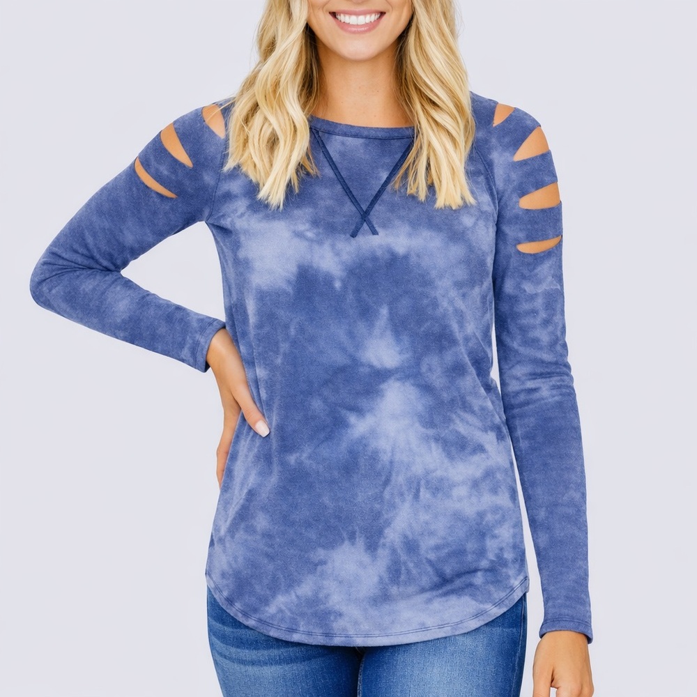 7th Ray Blue Tie-Dye Shoulder Cutout Long-Sleeve Top